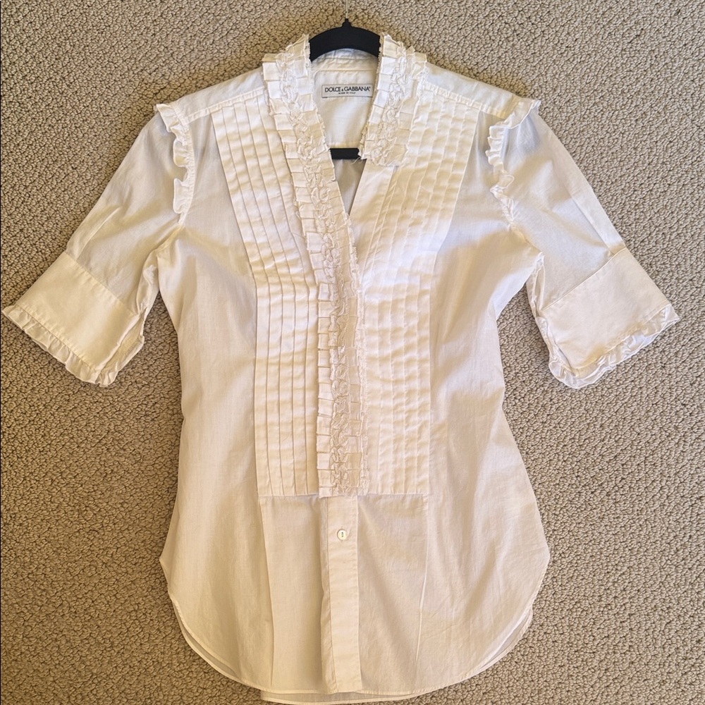 Dolce & Gabbana Cream Pintuck Ruffle Blouse